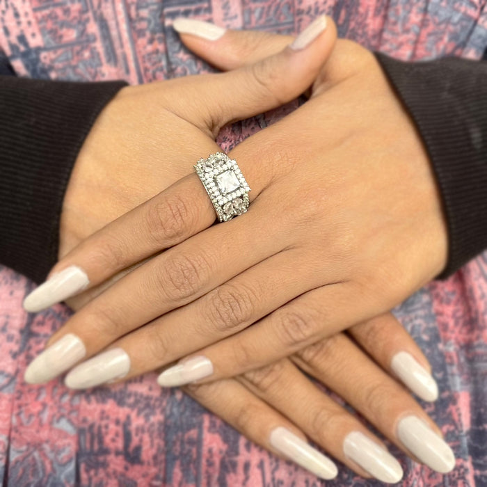 Elegant Silver Plated Adjustable Ring with Zircon and CZ Stones - Diwam Jewels