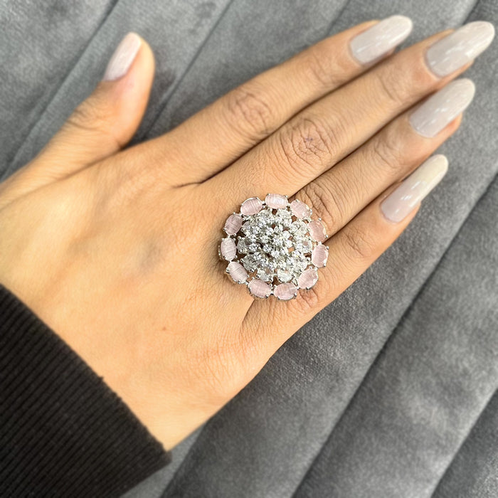 Flower Designer Rose Quartz & Silver Plated Ring