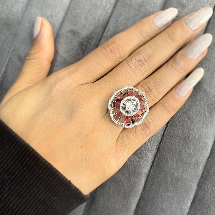 Silver Plated Adjustable Ring with Ruby and CZ Stones