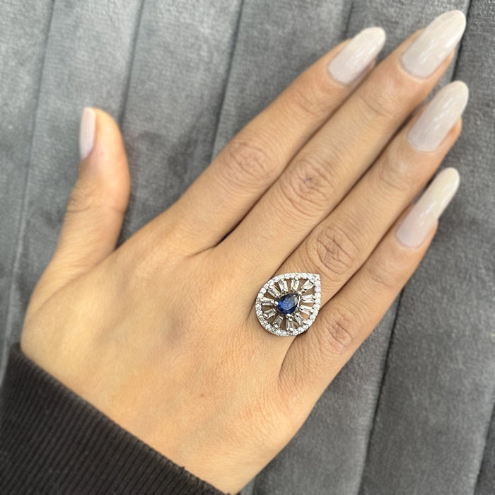 Silver Plated Adjustable Ring with Sapphire and CZ Stones - Diwam Jewels