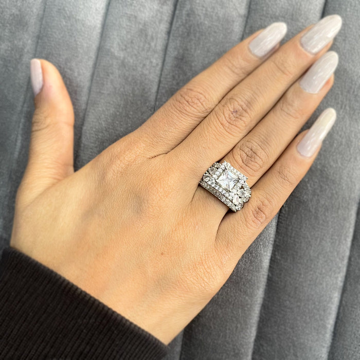 Elegant Silver Plated Adjustable Ring with Zircon and CZ Stones - Diwam Jewels