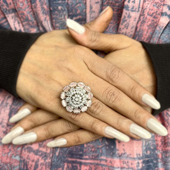 Flower Designer Rose Quartz & Silver Plated Ring