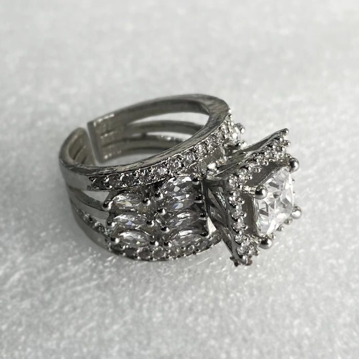 Silver Plated Adjustable Ring with Zircon and CZ Stones - Diwam Jewels