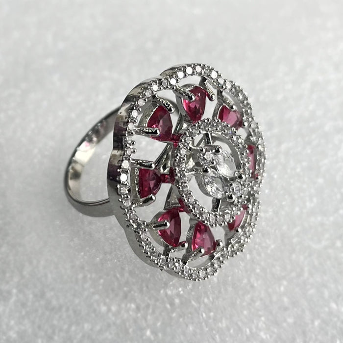 Silver Plated Adjustable Ring with Ruby and CZ Stones