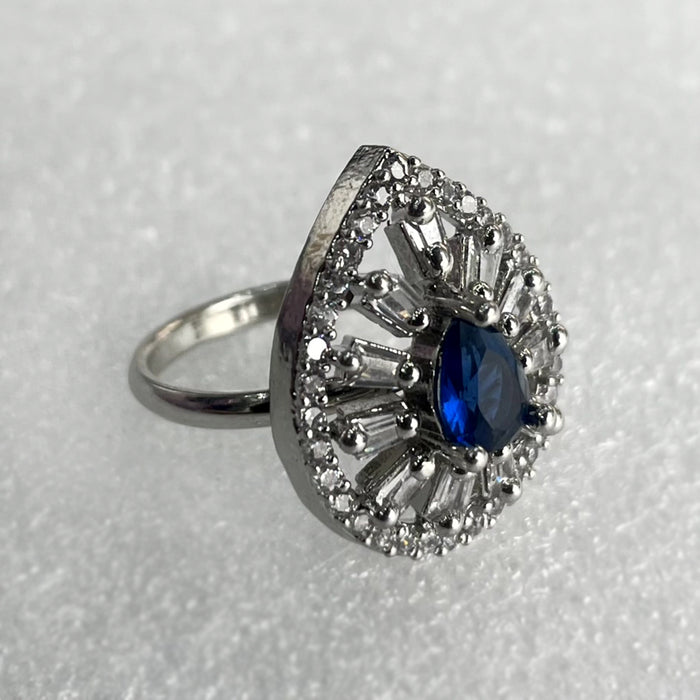 Silver Plated Adjustable Ring with Sapphire and CZ Stones - Diwam Jewels