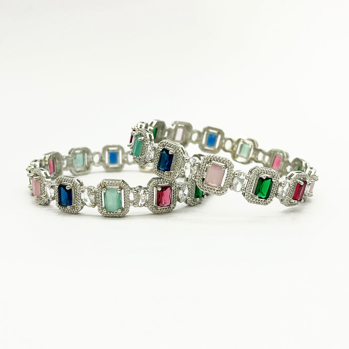 Stunning Multi-Color Gemstone Bangle for Women – Elegant Silver-Plated Design