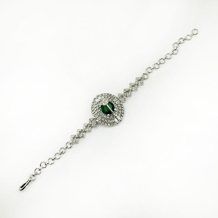 Stunning Emerald Gemstone Hook Brass Design Bracelet for Women and Girls with American Diamond Studded