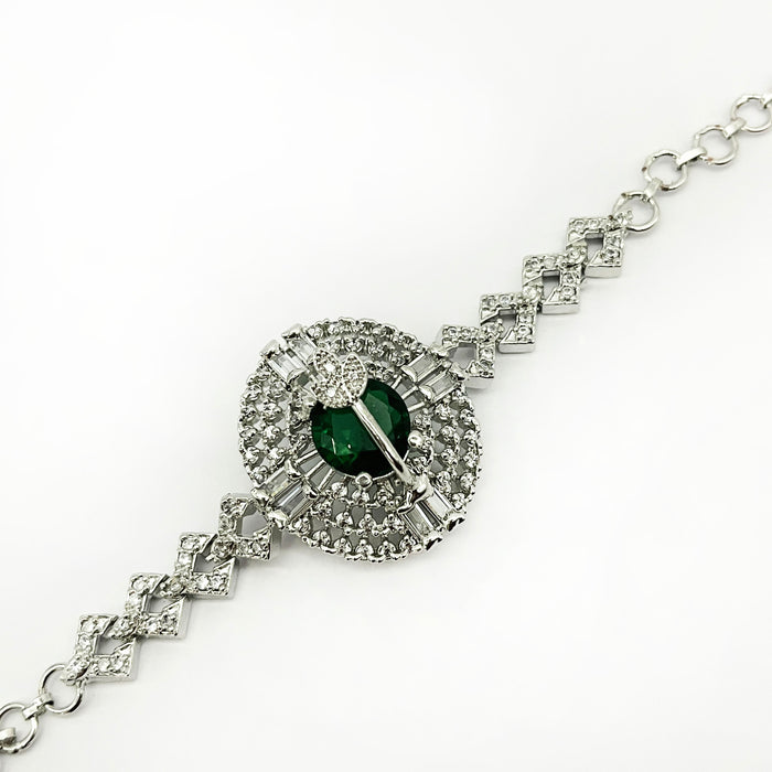 Stunning Emerald Gemstone Hook Brass Design Bracelet for Women and Girls with American Diamond Studded