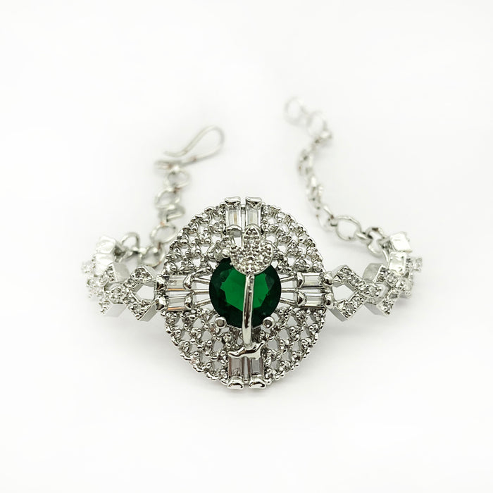 Stunning Emerald Gemstone Hook Brass Design Bracelet for Women and Girls with American Diamond Studded