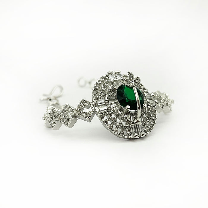 Stunning Emerald Gemstone Hook Brass Design Bracelet for Women and Girls with American Diamond Studded