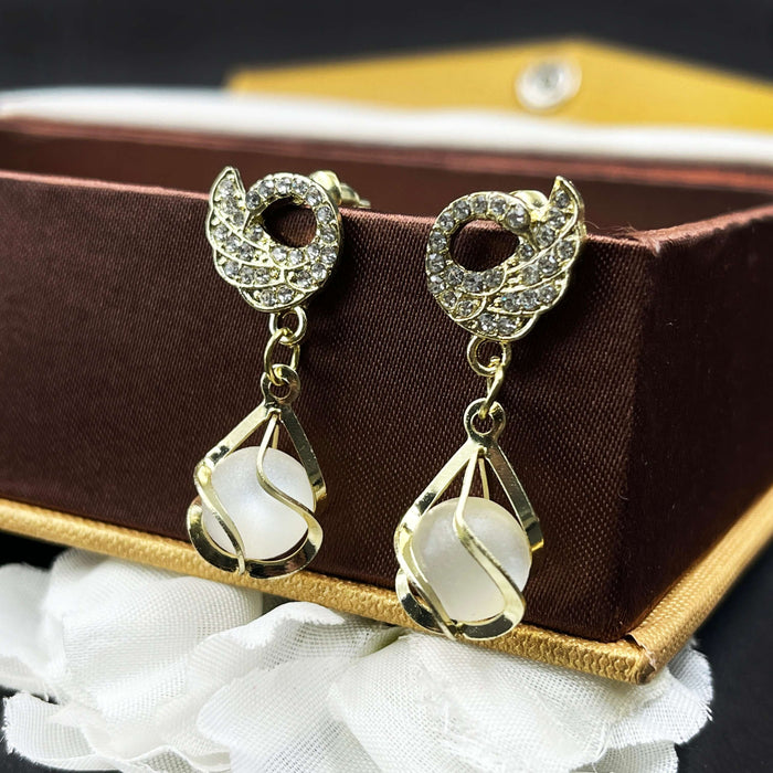 Gold-Plated CZ Studded Tear-Drop Shaped Dangler Earrings
