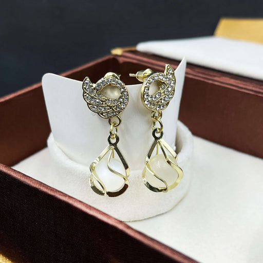 Gold-Plated CZ Studded Tear-Drop Shaped Dangler Earrings