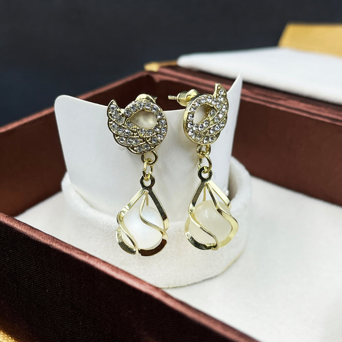 Gold-Plated Drop Earrings with Pearl Beads & CZ Crystal Studs – Elegant Statement Jewelry
