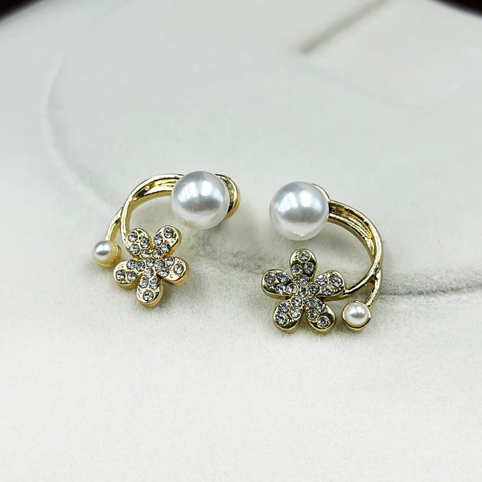 Gold-Plated Floral Pearl Stud Earrings with CZ Accents