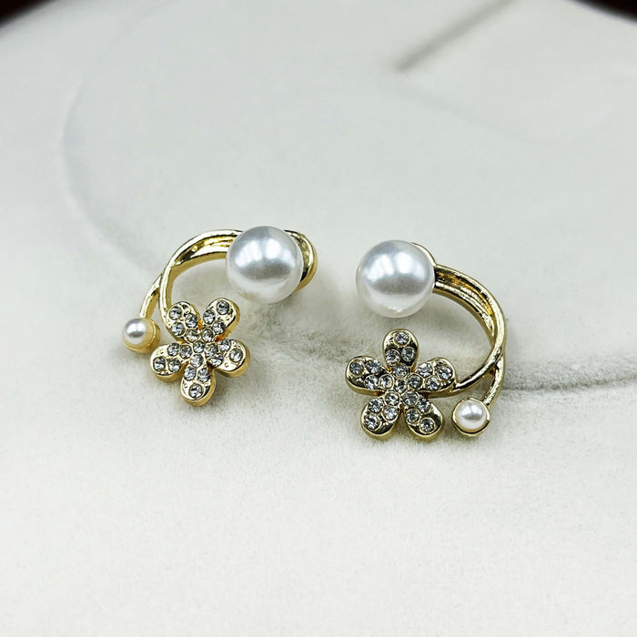 Gold Plated Floral Pearl Stud Earrings with Flower CZ Accents Design