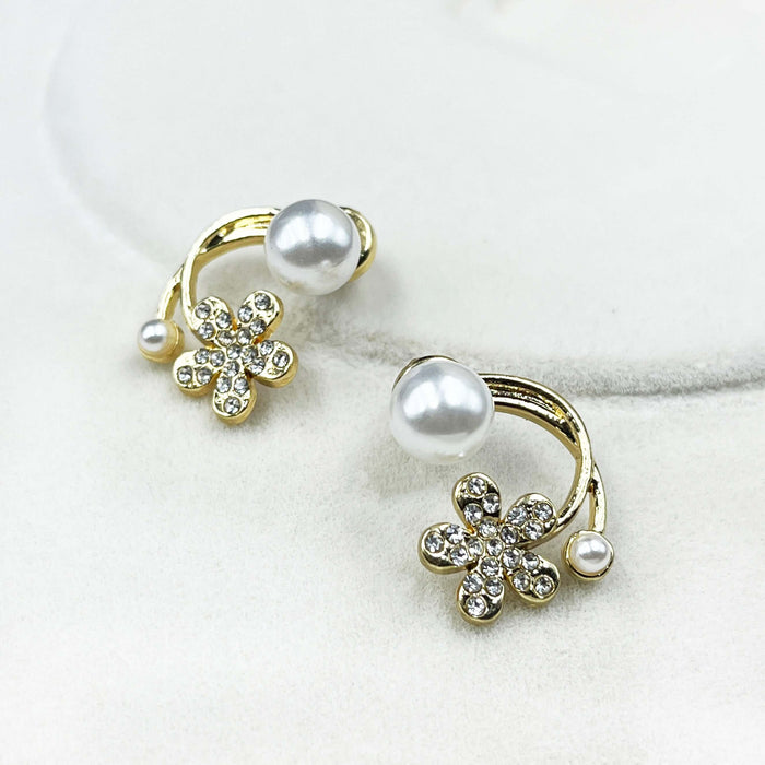 Gold Plated Floral Pearl Stud Earrings with Flower CZ Accents Design