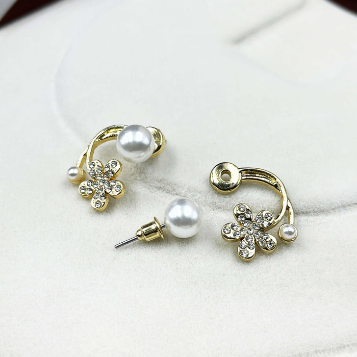 Gold Plated Floral Pearl Stud Earrings with Flower CZ Accents Design