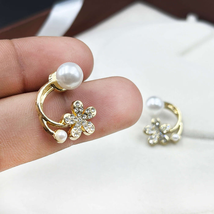 Gold Plated Floral Pearl Stud Earrings with Flower CZ Accents Design