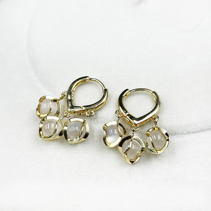 Gold-Plated Triple Drop Hoop Earrings with White Stone Charms