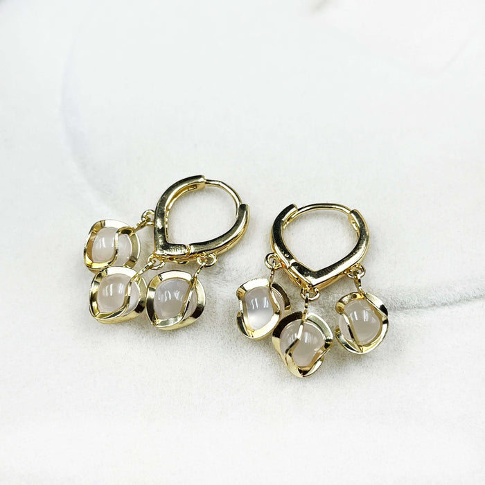 Gold-Plated Triple Drop Hoop Earrings with White Stone