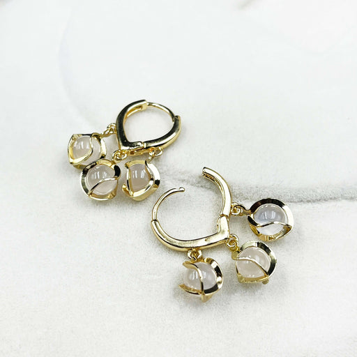 Gold-Plated Triple Drop Hoop Earrings with White Stone