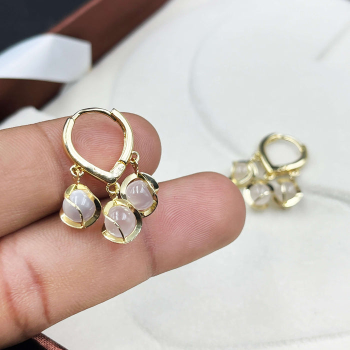 Gold-Plated Triple Drop Hoop Earrings with White Stone
