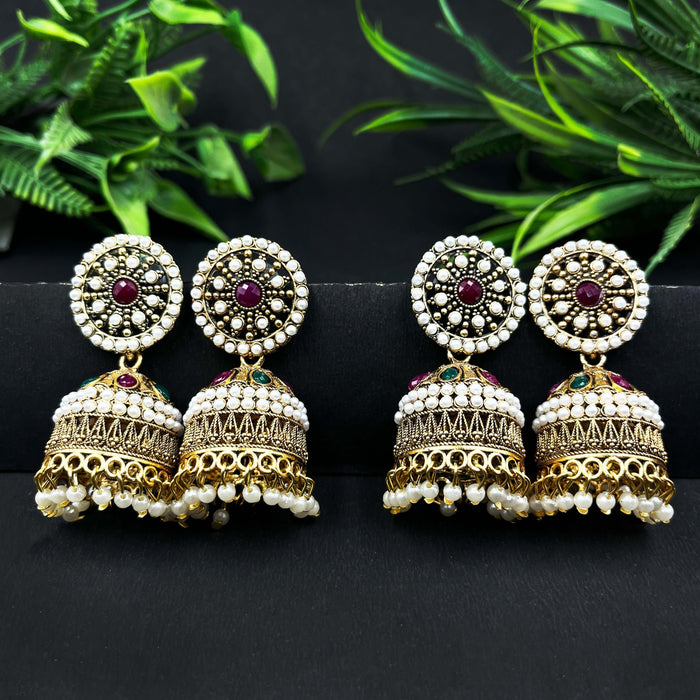 Combo of 2 Pairs Traditional Gold-Plated Pearl Beads Jhumka Earrings with Kundan Stones