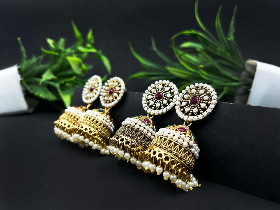 Combo of 2 Pairs Traditional Gold-Plated Pearl Beads Jhumka Earrings with Kundan Stones