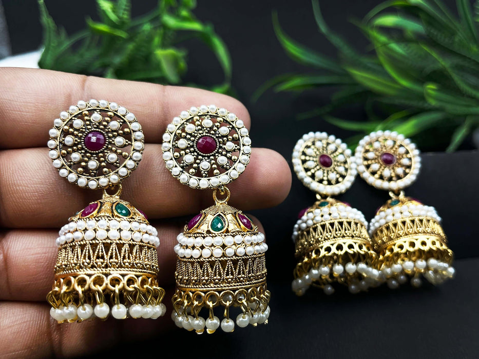 Combo of 2 Pairs Traditional Gold-Plated Pearl Beads Jhumka Earrings with Kundan Stones