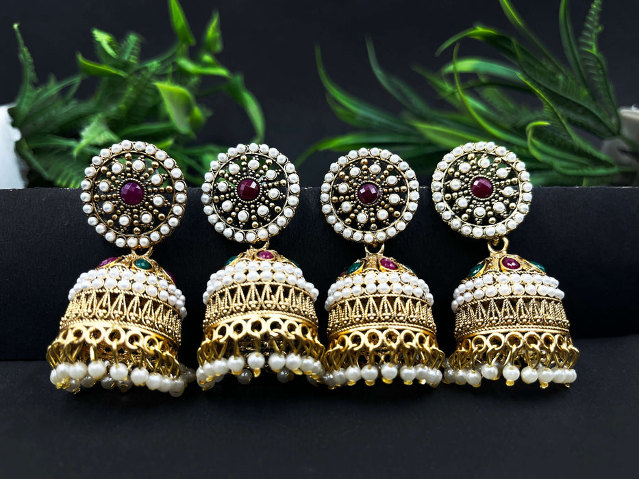 Combo of 2 Pairs Traditional Gold-Plated Pearl Beads Jhumka Earrings with Kundan Stones