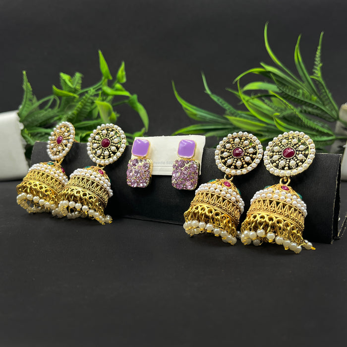 Traditional Gold-Plated Pearl Jhumka Earrings & Statement Lavender Crystal Stud Set – Pack of 3