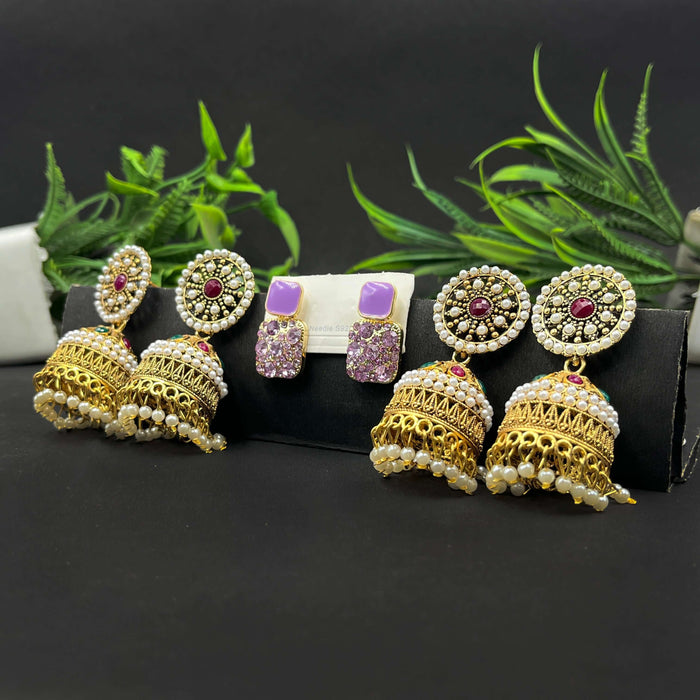 Pack of 3 Traditional Gold-Plated Pearl Jhumka Earrings & Lavender Crystal Studs Set