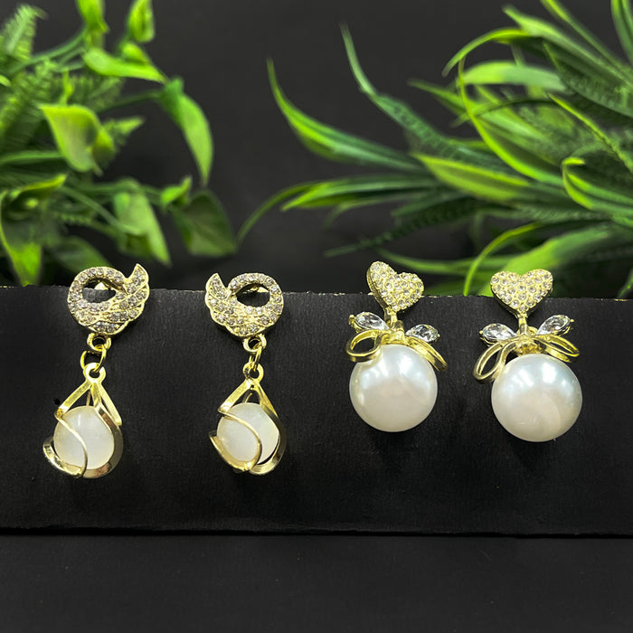 Elegant Gold-Tone Pearl Drop & Heart Crystal Stud Earrings – 2-Pair Set