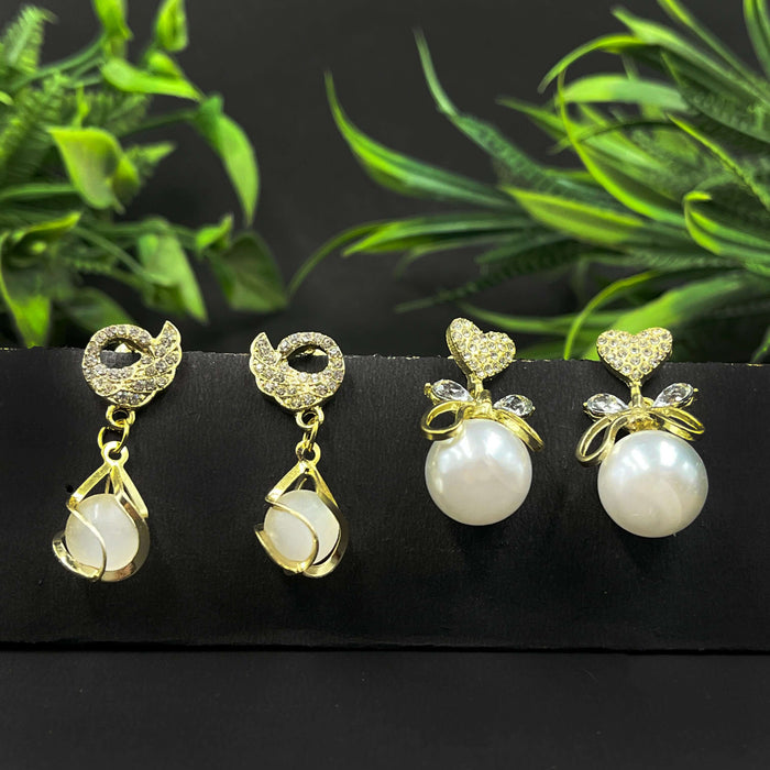 Combo of 2 Pairs Elegant Gold-Tone Pearl Drop & Heart Crystal Stud Earrings Set