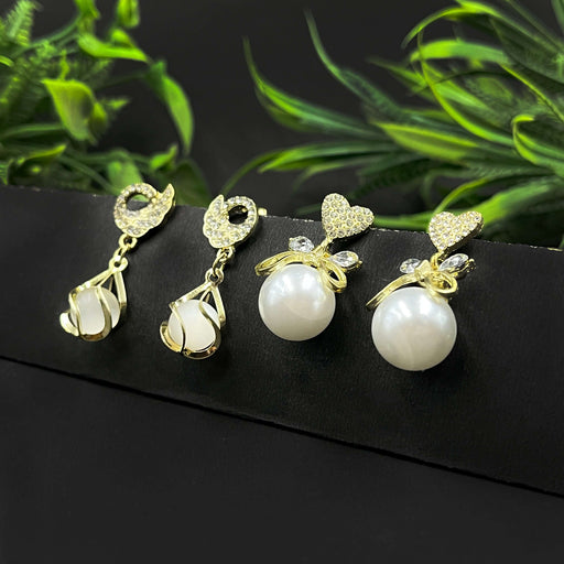 Combo of 2 Pairs Elegant Gold-Tone Pearl Drop & Heart Crystal Stud Earrings Set