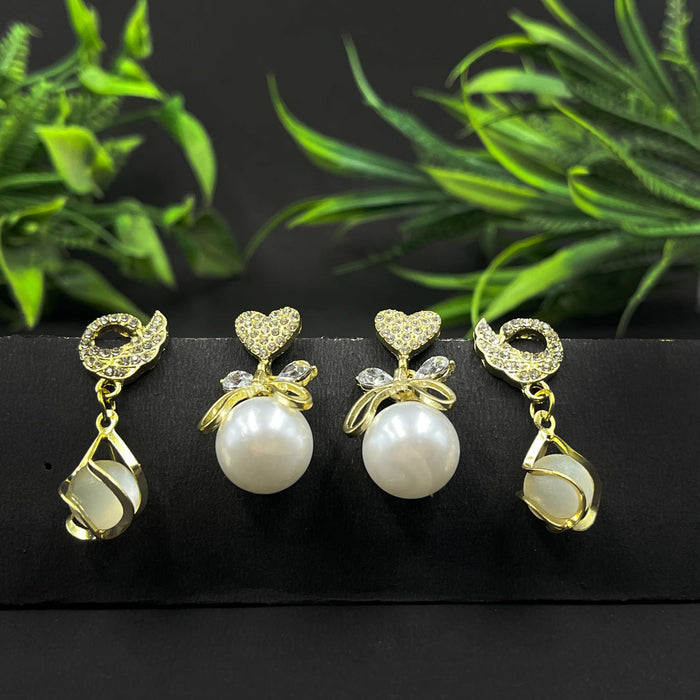 Combo of 2 Pairs Elegant Gold-Tone Pearl Drop & Heart Crystal Stud Earrings Set
