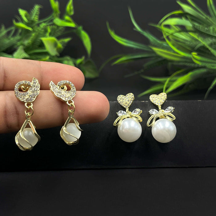 Combo of 2 Pairs Elegant Gold-Tone Pearl Drop & Heart Crystal Stud Earrings Set
