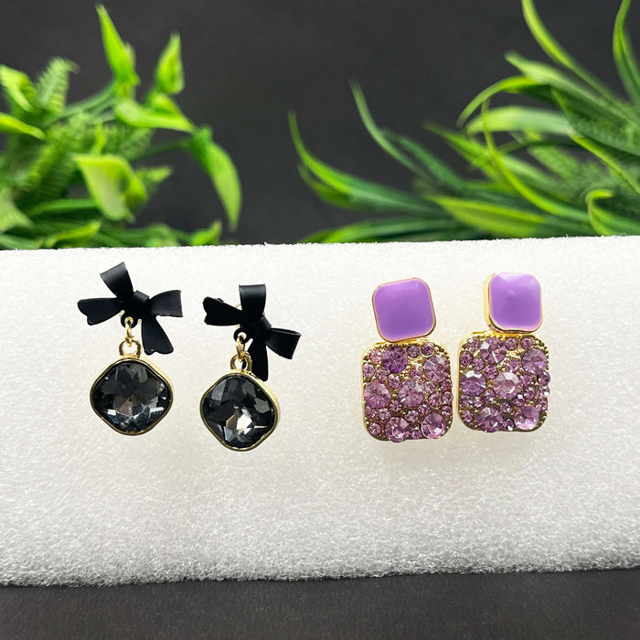 Combo of 2 Pairs Black Bow Crystal Drop & Lavender Stud Earrings