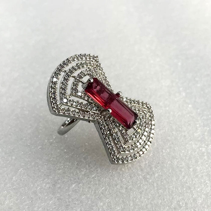 Silver Plated Adjustable Ring with Ruby and CZ Stones – Diwam Jewels