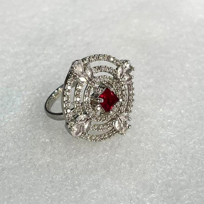 Elegant Silver-Plated Adjustable Ring with Red Garnet and CZ Stone