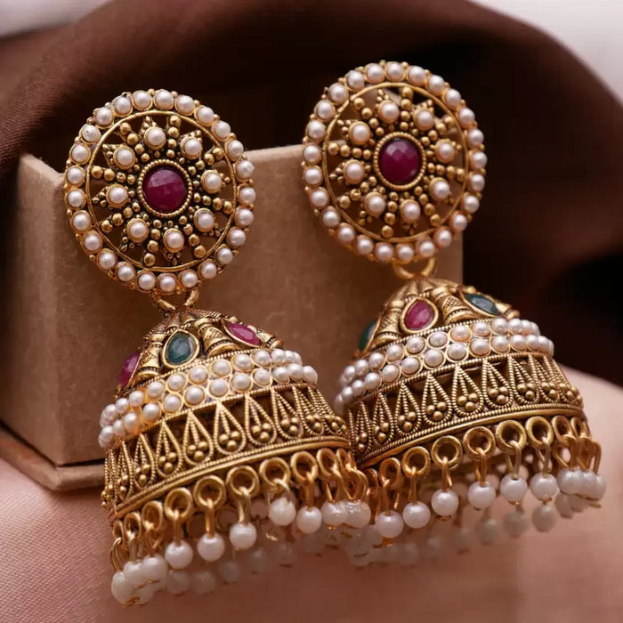 Pearl Studded Golden Kundan Beaded Jhumki Earrings For Women and Girls