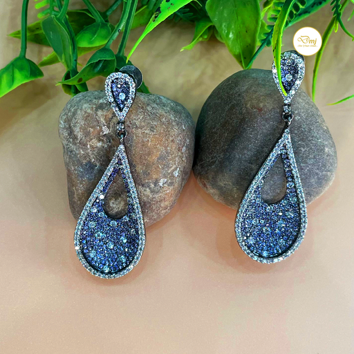 Blue Color AD Stone Silver Plated Drop Earrings