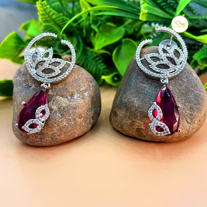 Stylish Red Garnet Stone Studded Silver Plated Earrings