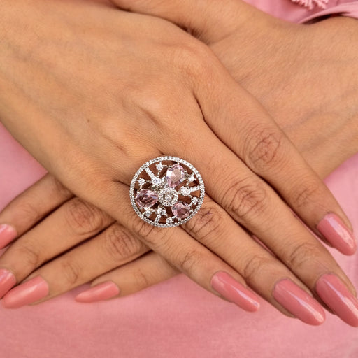 Synthetic Rose Quartz & CZ Stones Silver-Plated Brass Ring