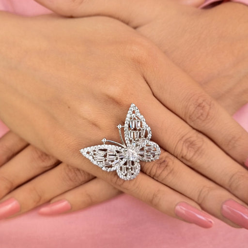 Zircon & American Diamond Stones Studded Butterfly Design Ring