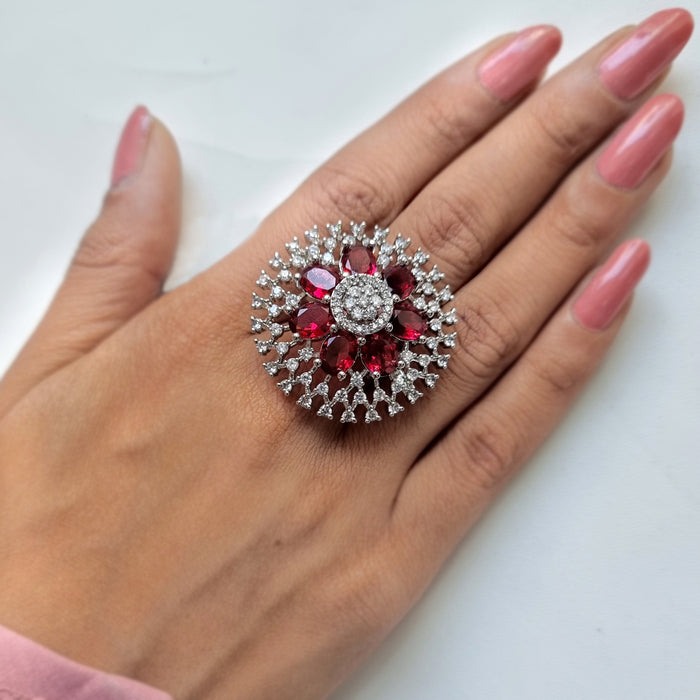 Beautiful Silver-Plated Adjustable Ring with Ruby and CZ Stones