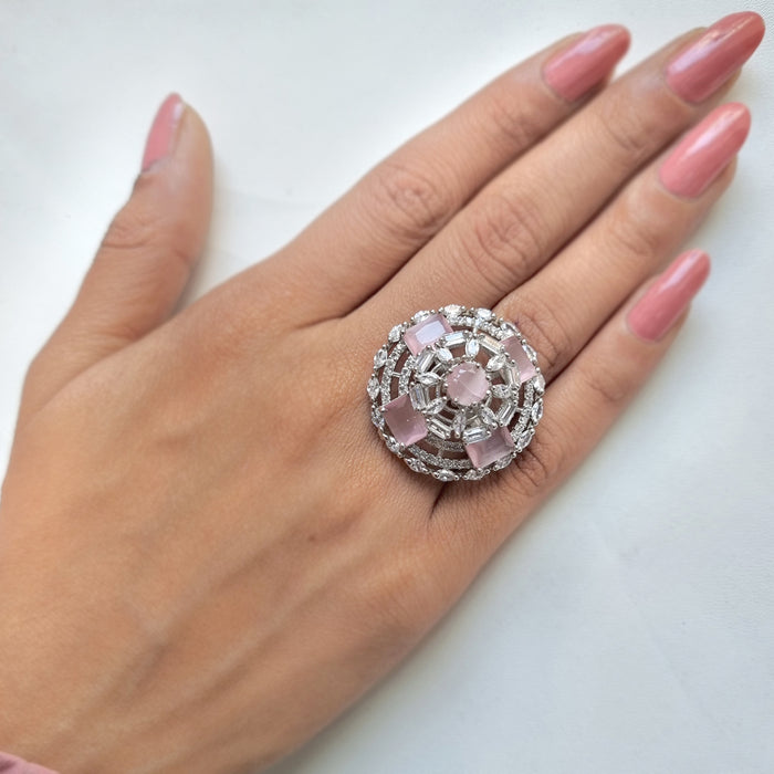 Silver Plated Brass Ring with Rose Quartz and CZ Stones: Timeless Elegance