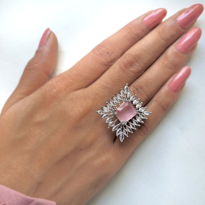 Silver Plated Brass Ring with Rose Quartz and Ad Stones: Elegant Radiance