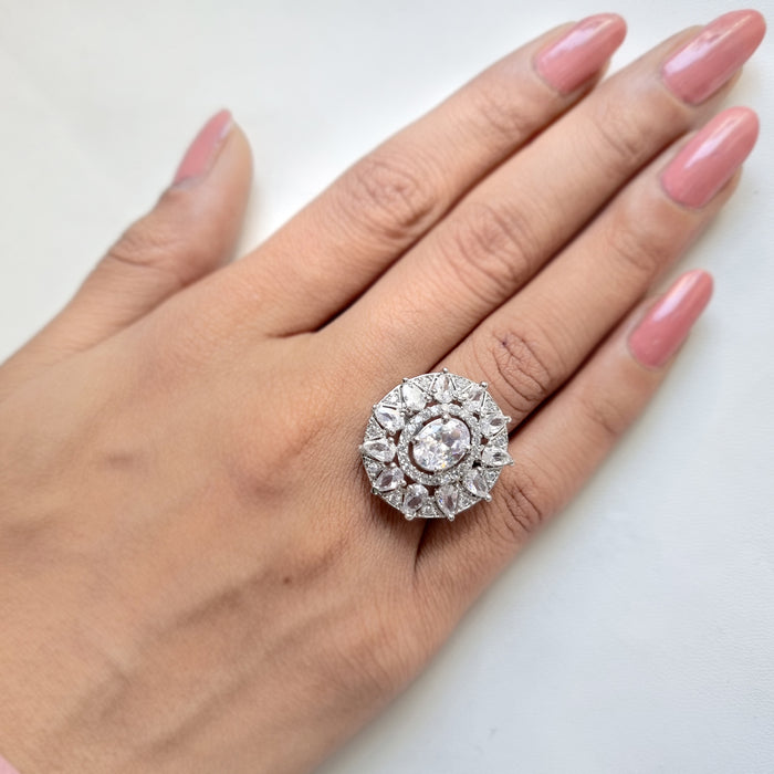 Zircon Stone and CZ Stones Silver Plated Brass Ring: Radiant Elegance