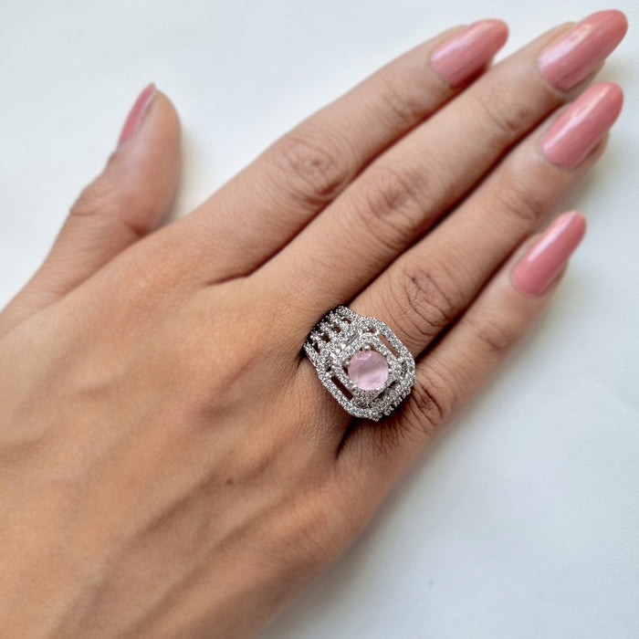 Enchanting Rose Quartz Stone and Ad Stone Silver-Plated Ring